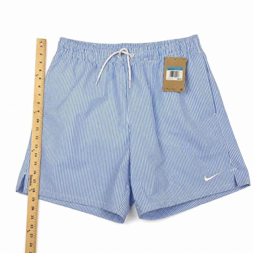 Nike Men Blue White Seersucker Stripe Swim Volley Shorts NESSG506-434 Medium